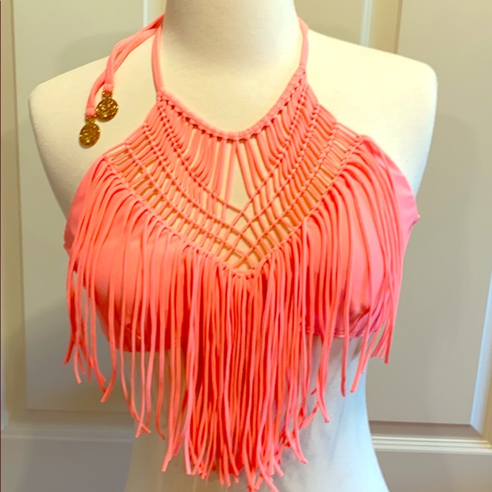 Luli Fama fringe bikini top in coral - NWOT